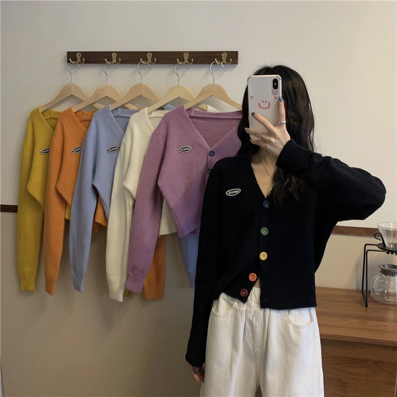 

6 Colors 2020 Korean Style V Neck Knitted Sweaters Cardigan Womens Buttons Long Sleeve Tops Womens Outwear Coats