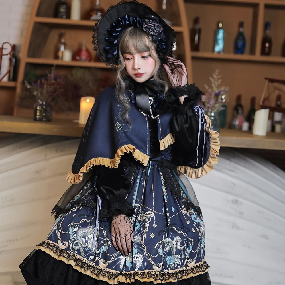 Melonshow Japanese Gothic Dress Lolita Cape Plus Size Girls OP Victorian Medieval Lace Black Women Punk Dress Kawaii Clothes