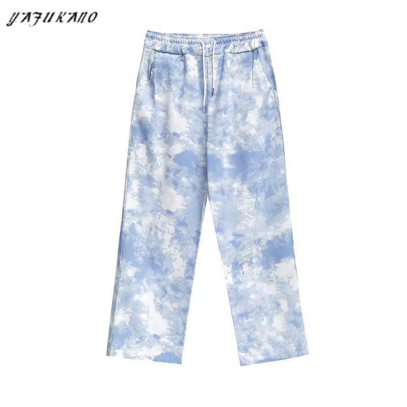 

Tie Dye Print Wide Leg Pant Fashion 2021 Korean Style Vintage Trousers Blue Loose High Waist Streetwear Pants Women