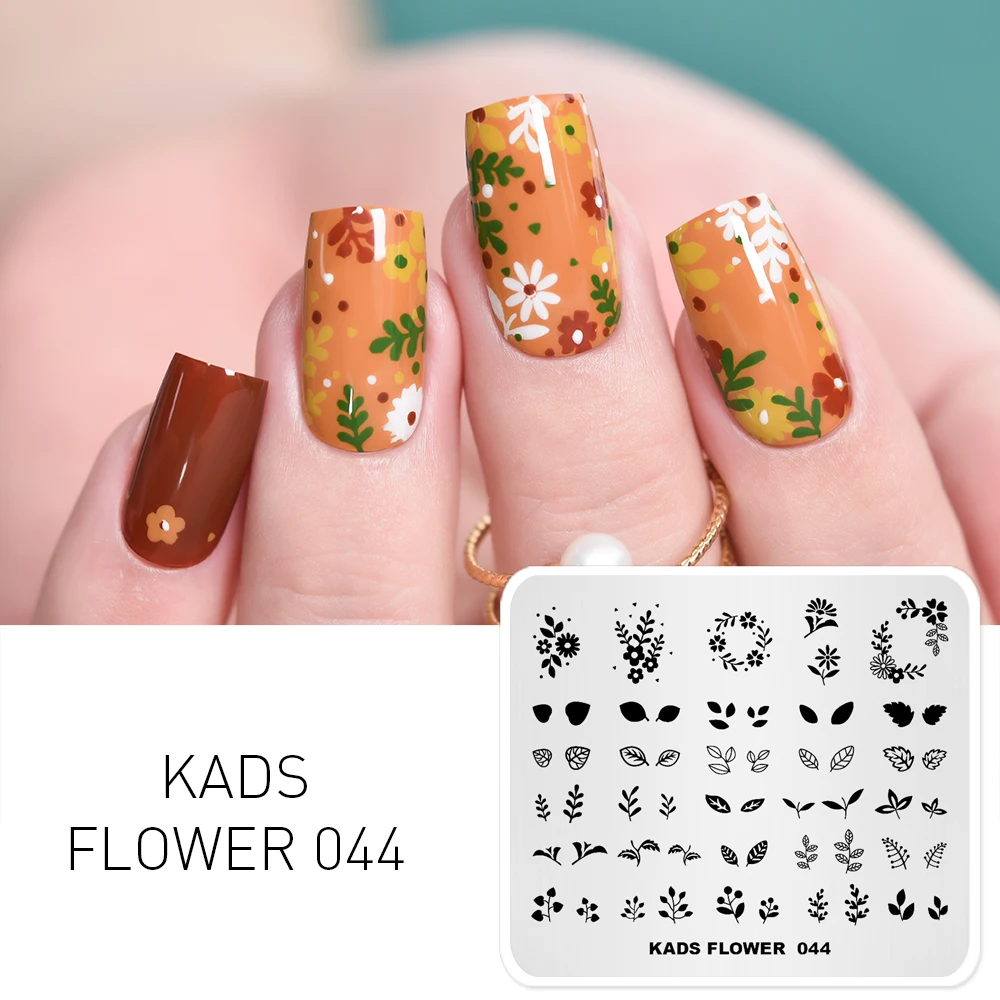 Пластины для штамповки ногтей KADS Flower 044 шаблоны в виде цветов и листьев трафареты