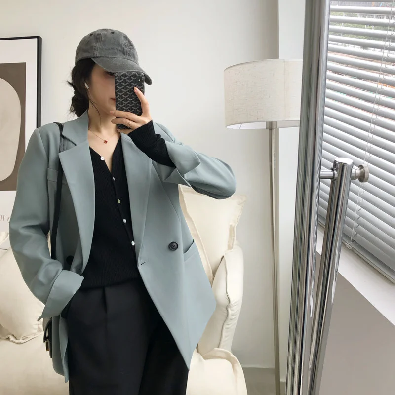 

Женский однотонный Блейзер, дизайнерский Повседневный двубортный свободный пиджак, верхняя одежда, пальто, осень 2021