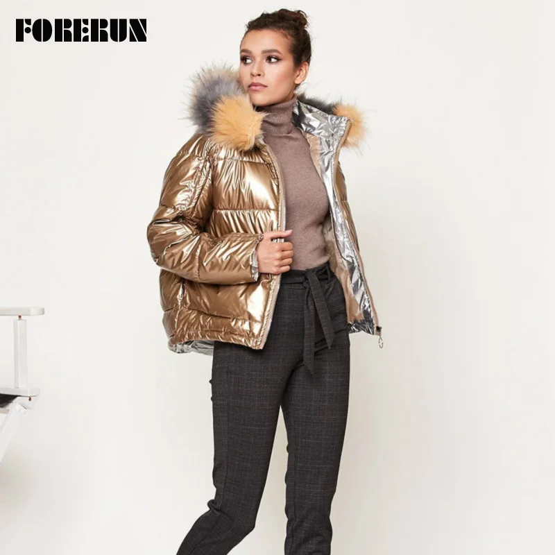 FORERUN куртка пузырь женское меховое пальто с капюшоном зимние однотонные