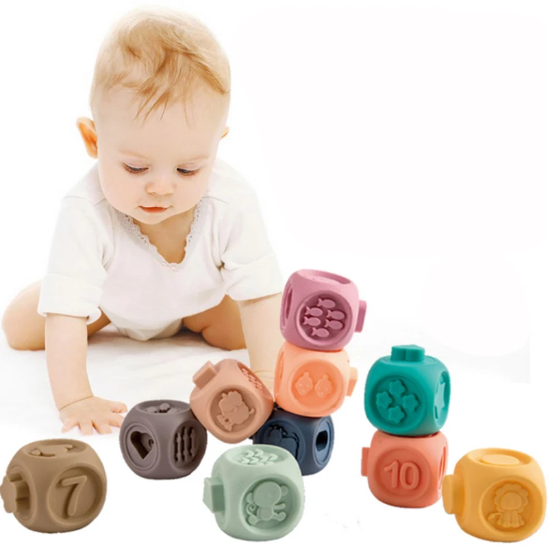 

6/10PCS Silicone Blocks Baby Grasp Toy Educational 3D Touch Bath Rubber Teether Building Blocks Montessori Squeeze Sensory Toys