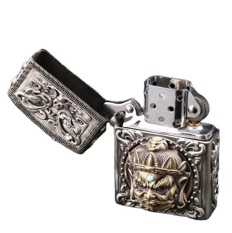

Tibetan Silver nostalgic creative classic old Chinese Zodiac yellow kerosene lighter inlaid with turquoise