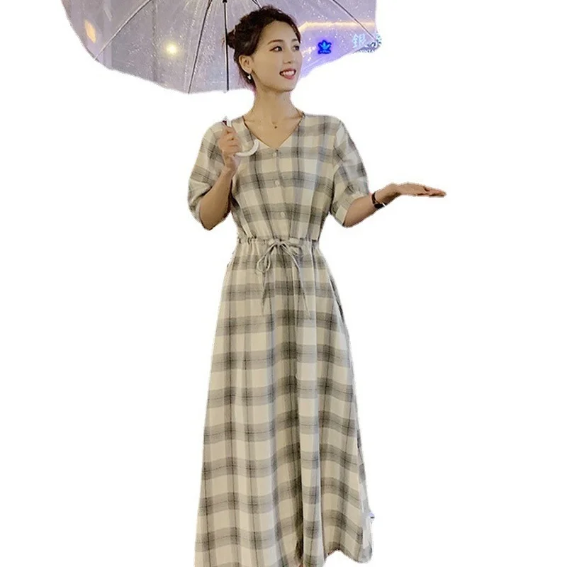 

Plaid Big Shirt Mid-Waist Bandage Dress Women 2021 Summer Elegant Fashion French Plus Size V-Neck Harajuku Vintage Maxi Dresses