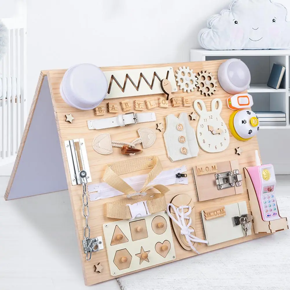 Tablero de madera Montessori para aprendizaje, tablero de madera de colores, bloqueo de hebilla, habilidades b&aacute;sicas para la vida, decoraci&oacute;n del hogar-0