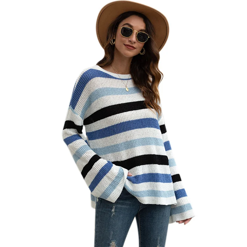 

Autumn Women Sweater Casual Pullover Split Round Neck Flared Sleeve Striped Color Matching Pullover Female Basic Vintage Sweater