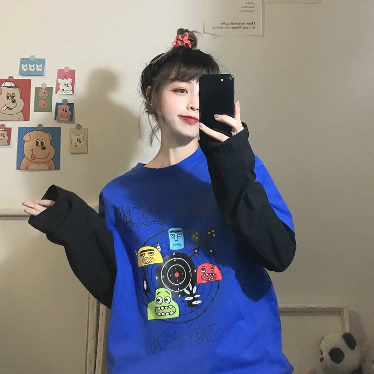 

Fake two pieces o-neck print full streetwear loose tops Spring and autumn Harajuku style Women's Clothing T-Shirts high quality