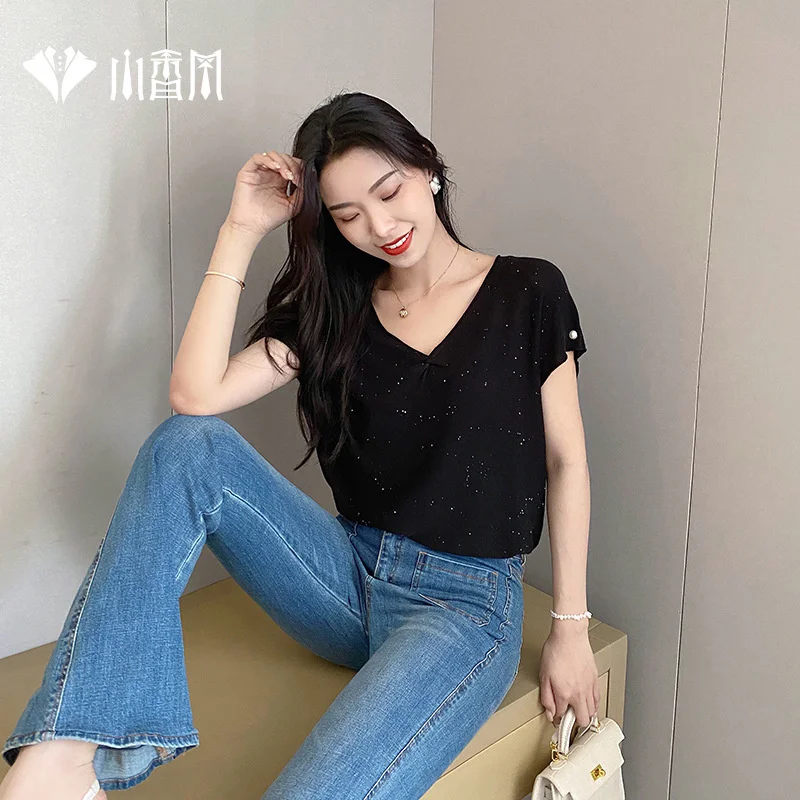 

Xiaoxiangfeng solid color flash broken diamond bead ice silk top women's 2021 new round ne short sleeve knitted T-shirt