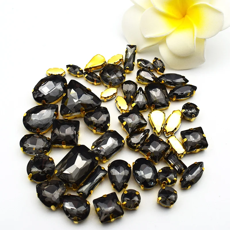 Хит продаж стеклянные стразы смешанной формы с золотыми кристаллами и серыми
