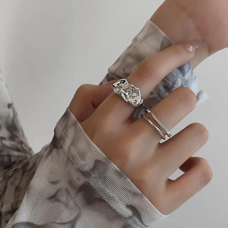 

FMILY Minimalist 925 Sterling Silver Personality Geometric Irregular Lava Ring Retro Fashion Bump Jewelry Gift for Girlfriend