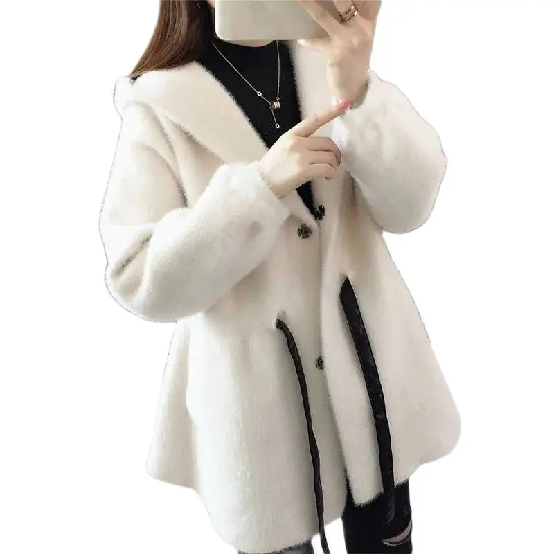

2021 Autumn Winter Jacket Women's New Mink Velvet Coat Casual Hooded Outwear Ladies Knitted Sweater Loose Overcoat Cardigan Tops