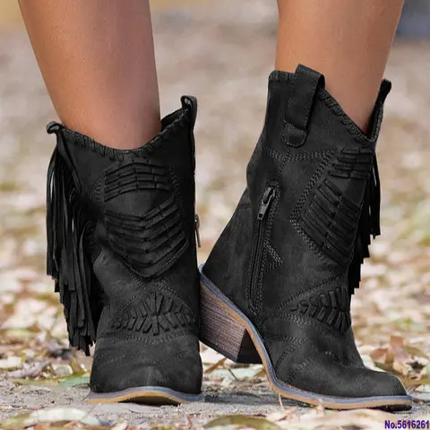 

Vogue Boho Flock Leather Women Boots Fringe Flat Heels Woman Med High Solid Boots Woman Tassel Botas Mujer Botte Femme