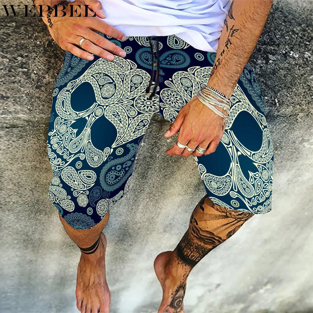 

WEPBEL Men's Fashion Skull Ptint Short Beach Pants Summer Hawaii Casual Elastic Drawstring Waist Mens Jogger Shorts Plus Size