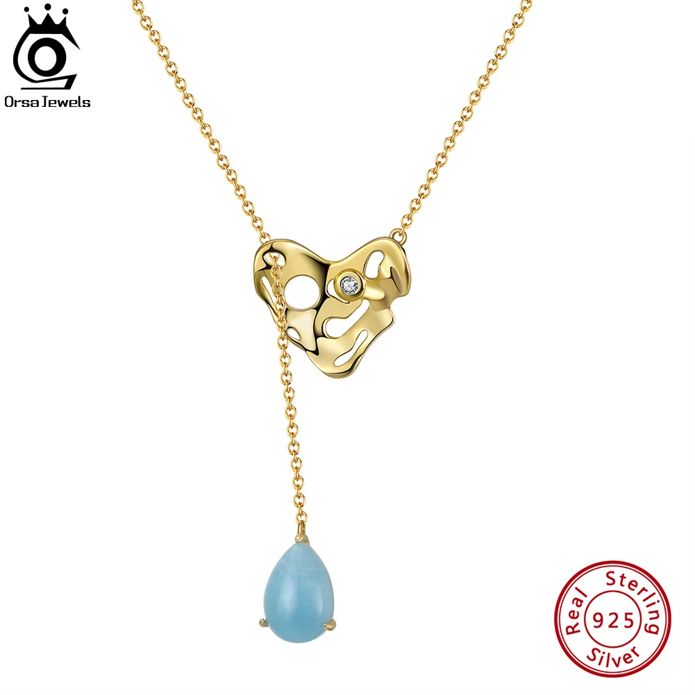 

ORSA JEWELS 925 Sterling Silver Women Necklace with Natural Pear Aquamarine Gemstone Hammered Handmade Heart Jewelry Gift GMN05