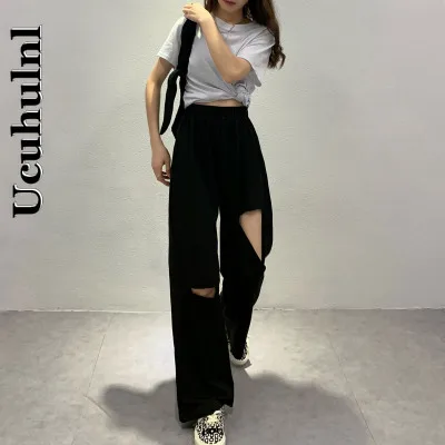 

Ucuhulnl Hole Pants Women Vintage Streetwear Fashion Clothing Korean Summer Casual Simple Wide Leg Solid Loose Elegant Soft