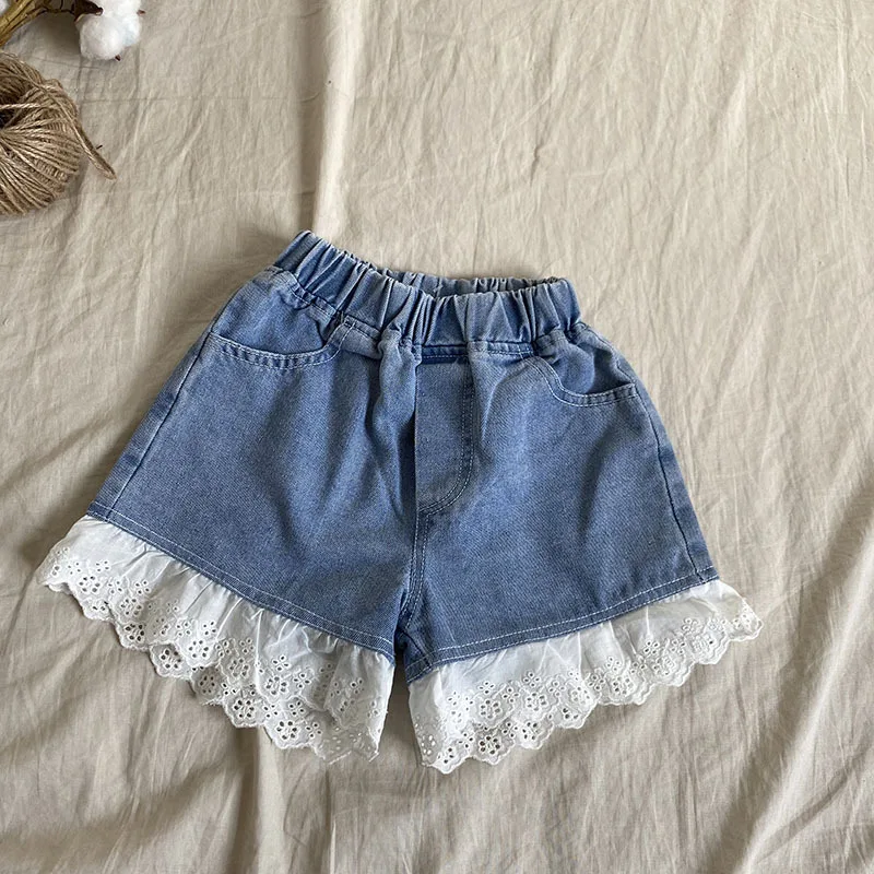 

2021 Summer New Child Girl Soft Washed Cotton Lace Baby Girl Denim Shorts Western Style