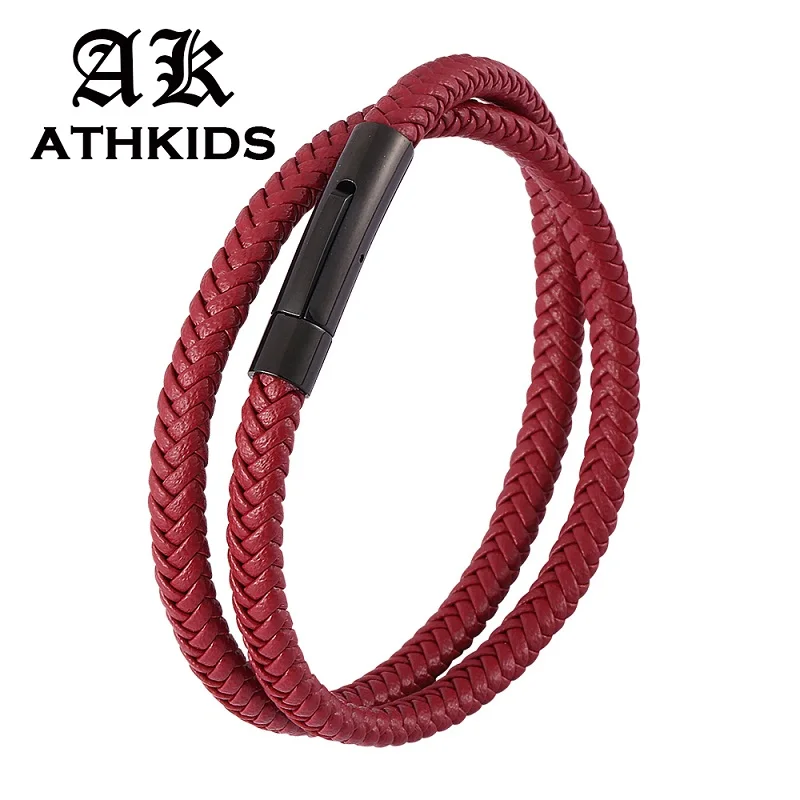 Модный красный плетеный кожаный двухслойный браслет унисекс из нержавеющей