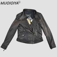 factory womens genuine leather jacket for women goat skin fashion black thin rivets bomber motorcycle coat female jaqueta