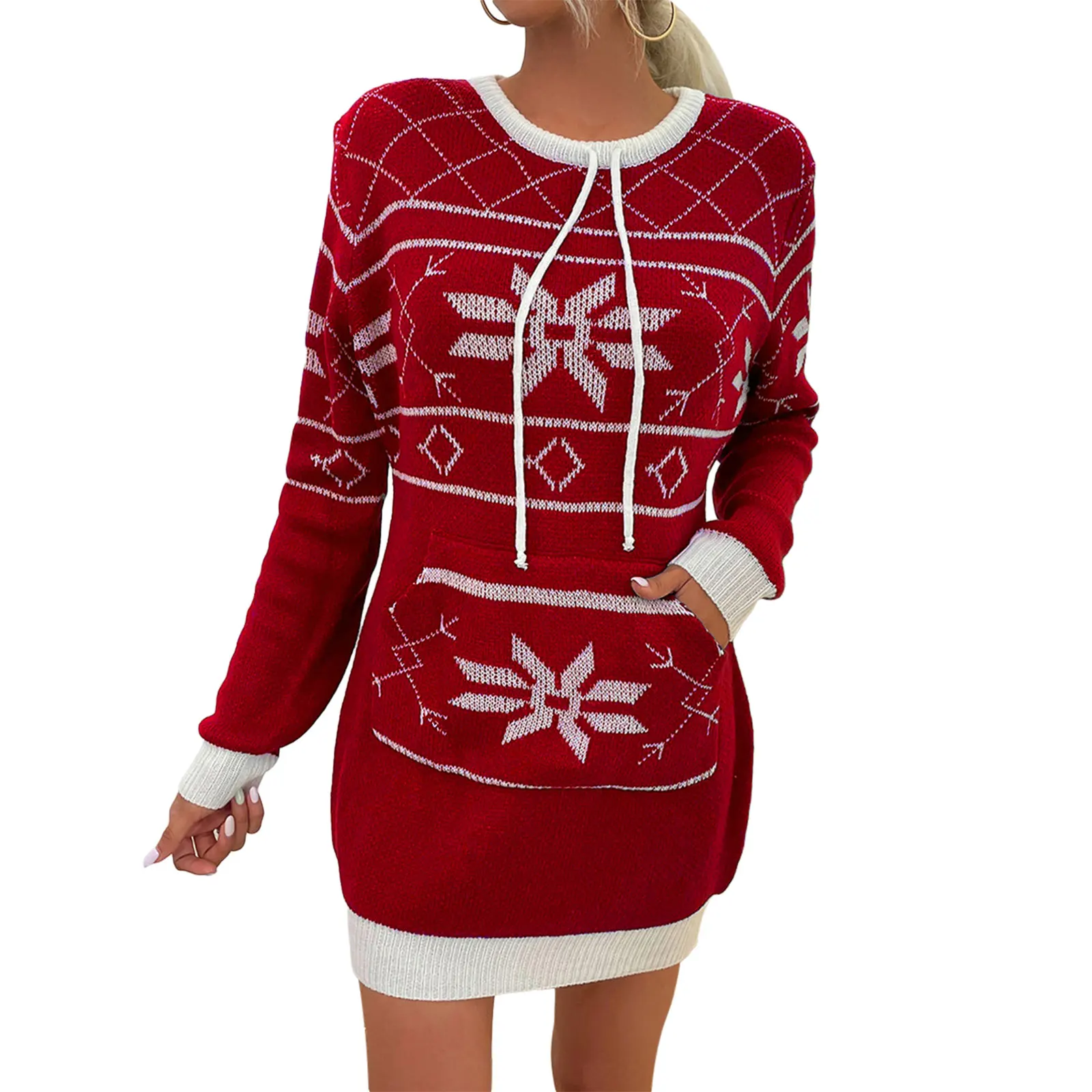 

Женское трикотажное платье с круглым вырезом, длинным рукавом и карманами