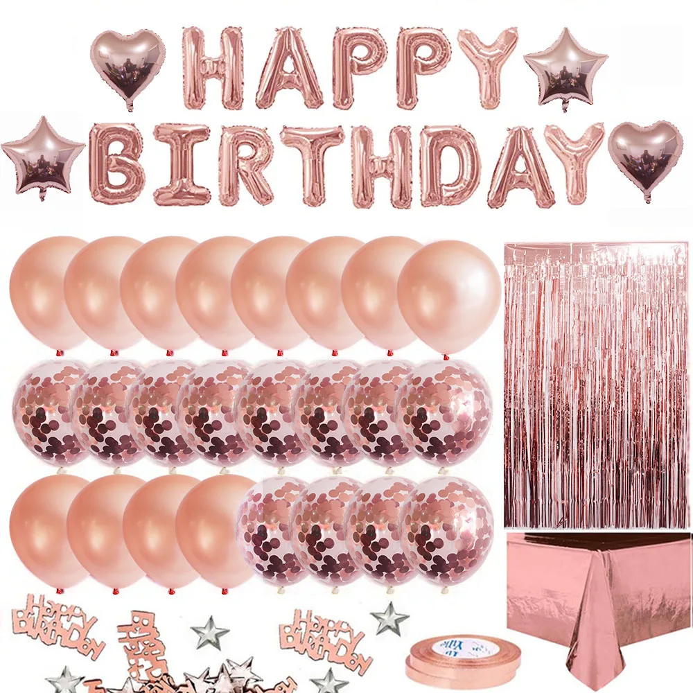 

Rose Gold Aluminum Foil Tablecloth Latex Balloons Happy Birthday Letter Balloons Birthday Decoration Set Party Decoration