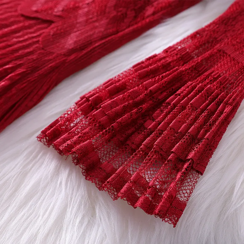 

2020 New Summer Dress for Women Elegant Designer Flare Sleeve Mesh Patchwork Mid Calf Sexy Party Lace Dresses Lady Vestido