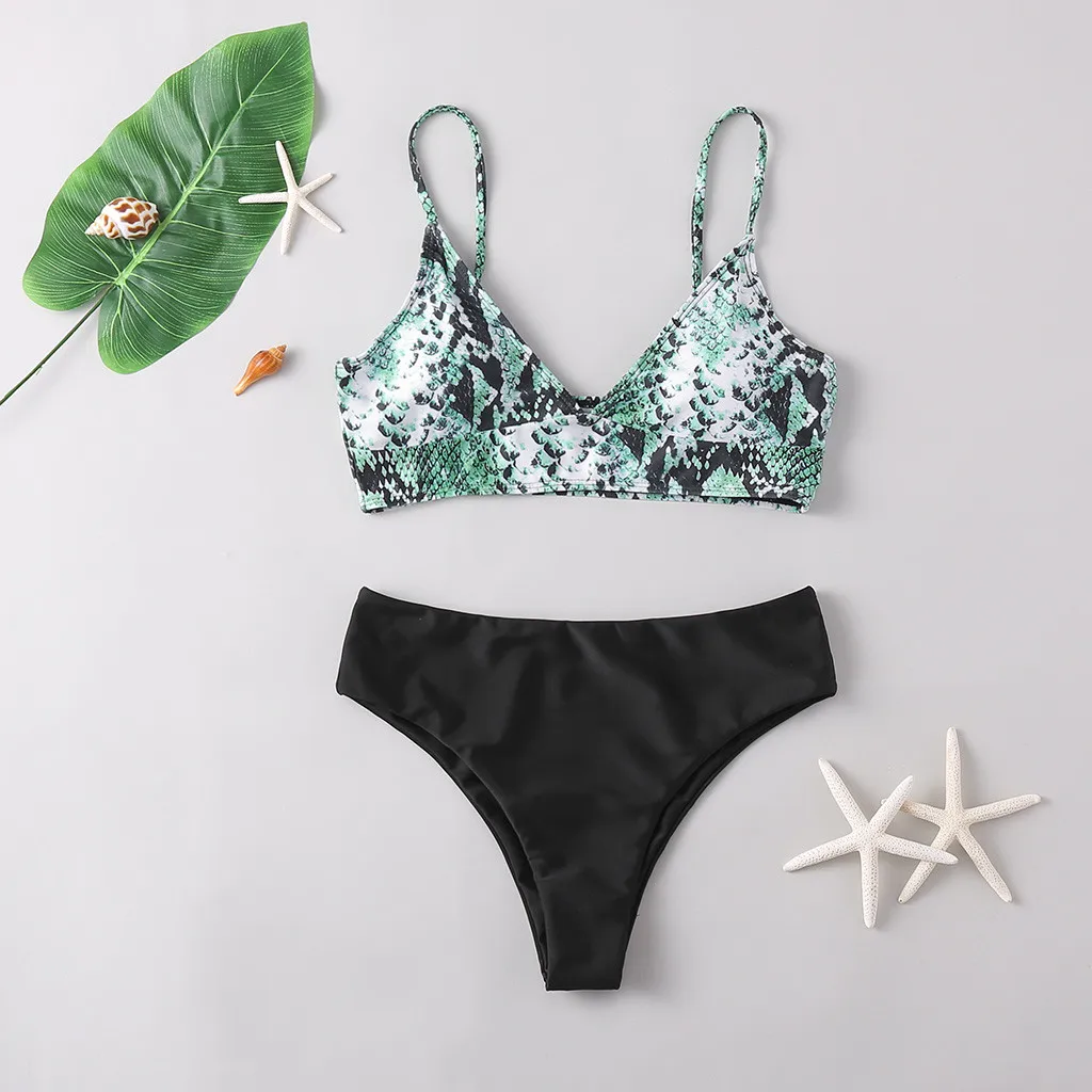 Женский комплект бикини с высокой талией купальник принтом и открытой спиной 2020