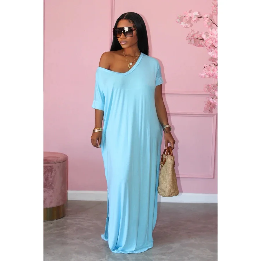 

RStylish New Female Dresses Solid Color Vintage V-Neck Short Sleeve Casual Loose Side Slit 2021 Summer Women T Shirt Maxi Dress