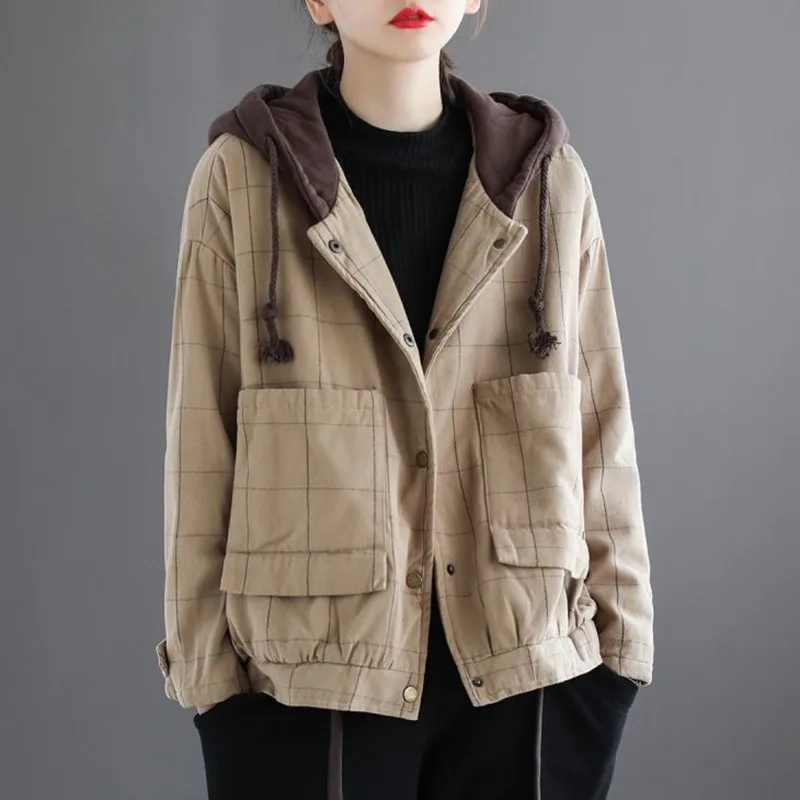 

Женские повседневные куртки с капюшоном, Новое поступление 2021, осенне-зимние винтажные женские толстые теплые пальто свободного кроя в Кор...