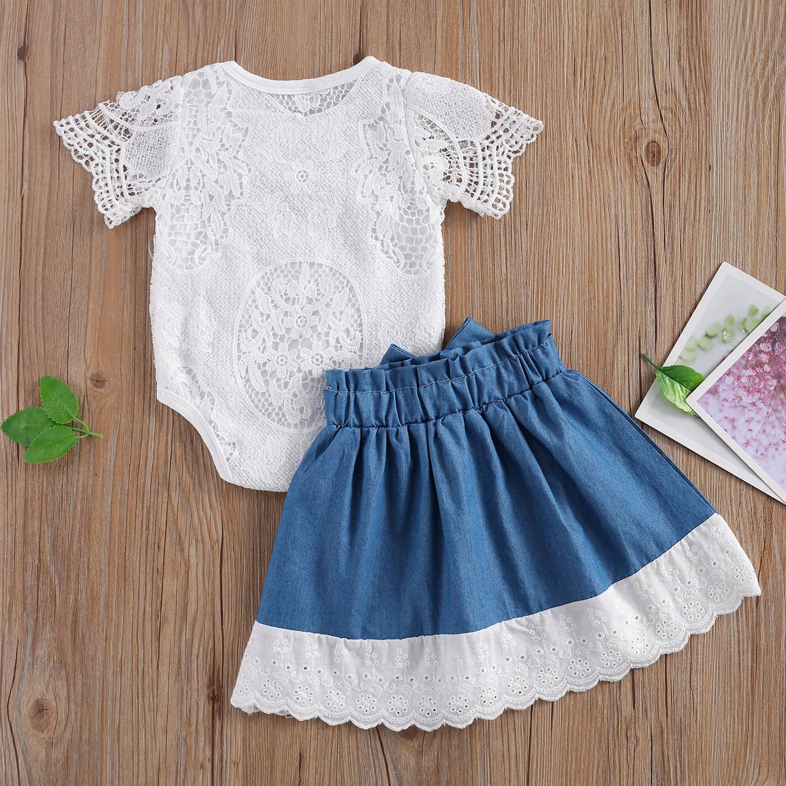 

2021 New Summer 0-24M Baby Girl 2Pcs Set White Lace Short Sleeve Floral Bodysuit+Blue Bow Denim Skirt Toddler Clothes Outfit