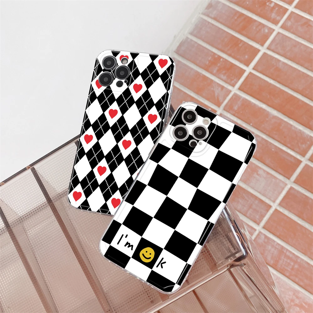 

For iPhone 13 Pro MAX Phone Case Lattice-Photo Frame For iPhone 13 Glossy TPU Black Checkerboard Glossy Anti-fall Phone Cover