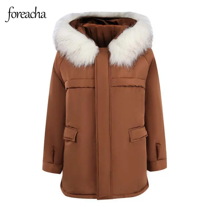 

foreach 2021 new Hooded fur collar winter women clothing Mid length Zippe Long Sleeve Coat Loose Cotton Thickened Parker Women