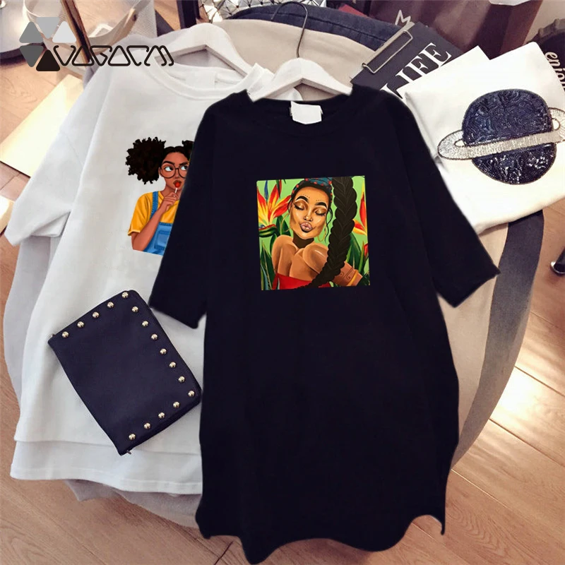

Summer Sundresses Plus Size Women T-Shirt Short Sleeve Vintage Cartoon Pretty Black Girl Print Party Clothes Vestido