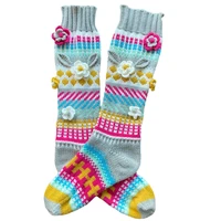 women winter crochet knitted knee high socks vintage ethnic multicolor geometry striped pattern 3d flower calf stockings hosiery