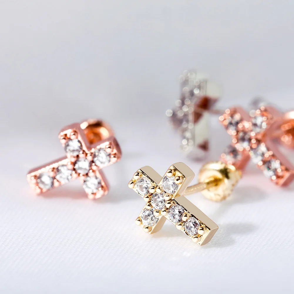 

Bling Bling Cross 925 Sterling Silver Stud Earring Gold Silver Rose Gold Color Cubic Zircon Men's Women Hip Hop Jewelry for Gift