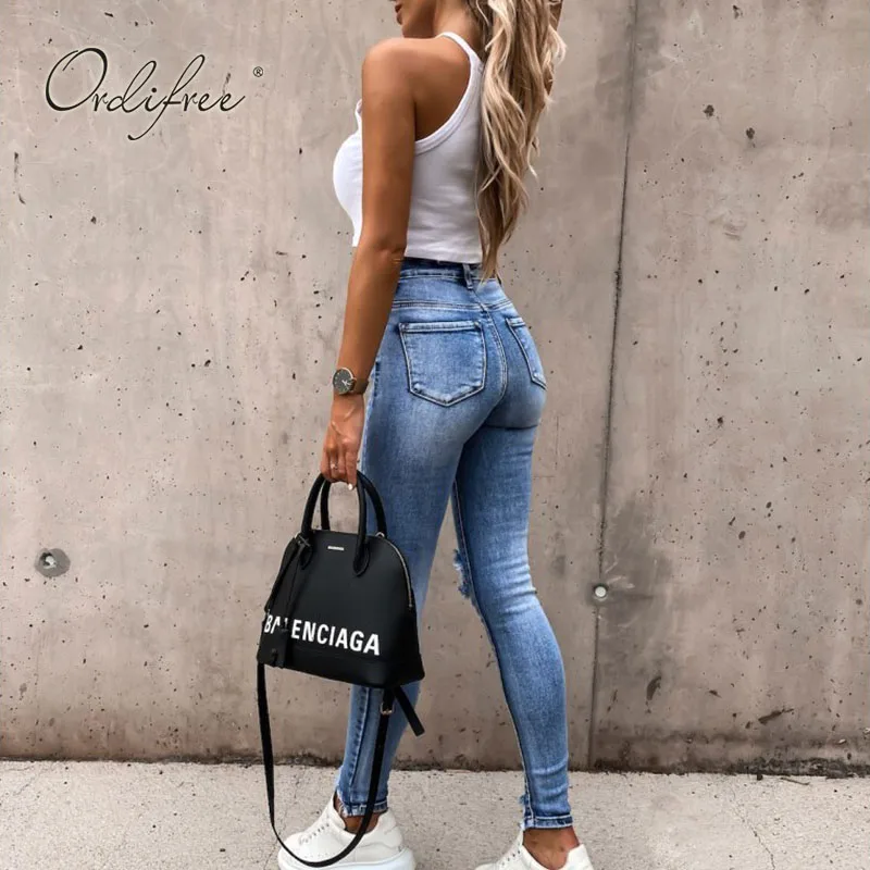 

Ordifree 2021 Summer Streetwear Women Jeans High Waist Denim Pencil Pants Hole Ripped Skinny Jeans