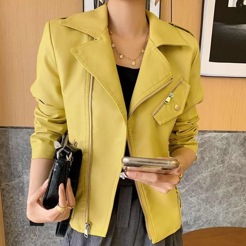 

New Women Streetwear Yellow Leather Jacket Spring Autumn Fashion Blazers Leather Coat Woman Casual Korean PU Outwear