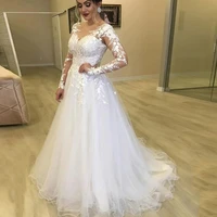 long sleeves a line plus size wedding dress round neck lace appliques sweep train tulle backless wedding bridal gowns