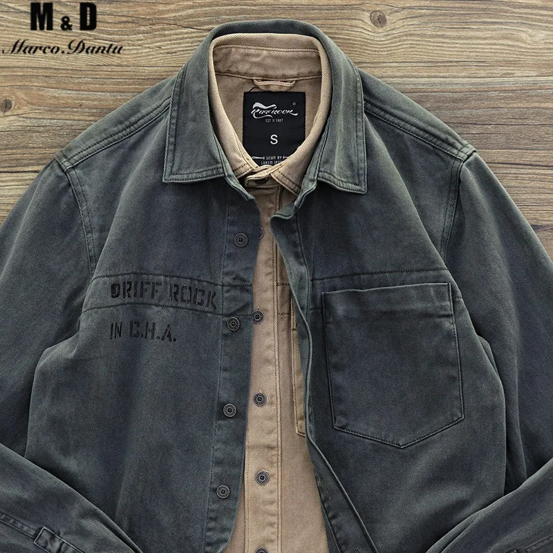 New Single Breasted 100% Cotton Men's Shirt Business Casual Tooling Style Print Denim Men Shirts Autumn Slim Shirt Men Jacket