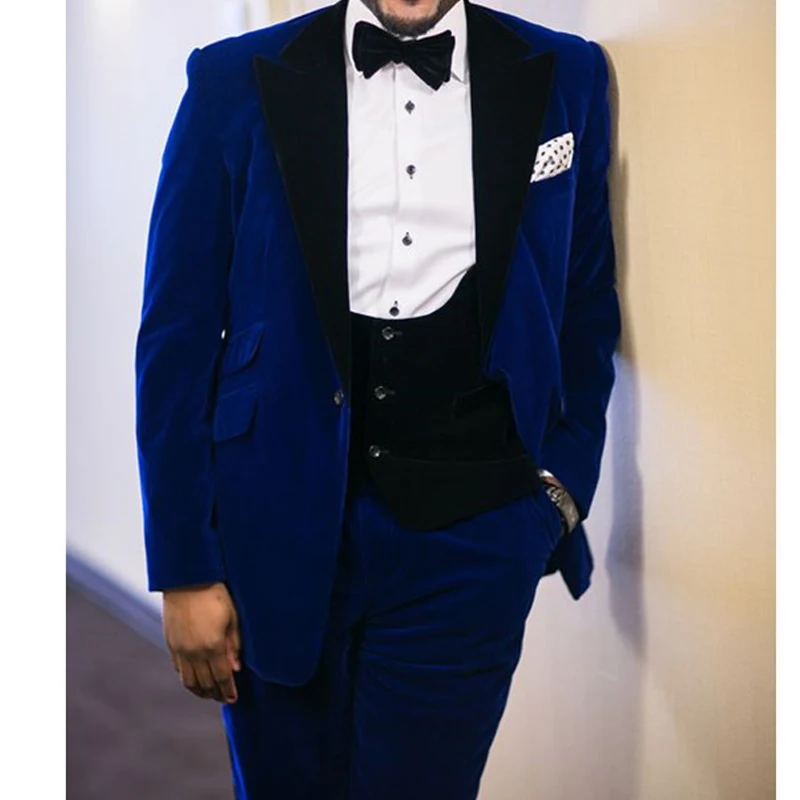 

Royal Blue Velvet Prom Men Suits for Big Size Wedding 3 piece Black Peaked Lapel Custom Groom Tuxedos 2022 Man Fashon Clothes