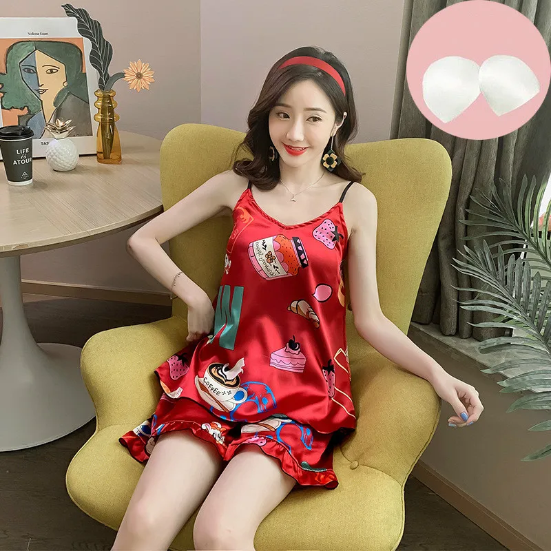 

2020 New Pajamas Ladies Summer Suspenders Sleeveless Pajamas Girls Simulation Silk Sexy Pajamas Suit Home Service Sleep Tops