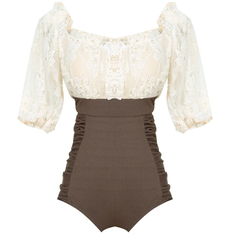 

Women Bikini Swimsuit Swimwear 2020 With Push Up Girls Word Shoulder Female One Piece Bubble Hot Short Long Sleeve Print