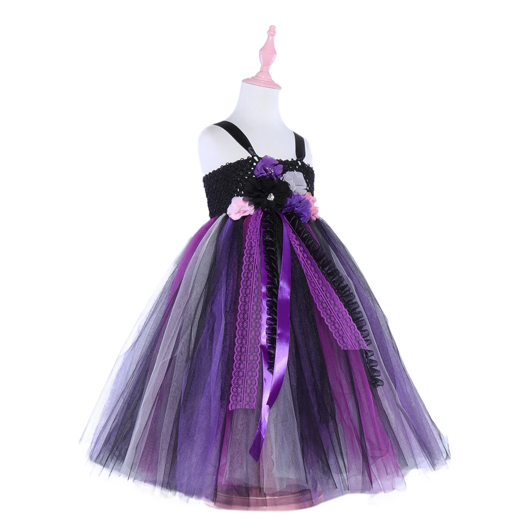 

Maleficent Costume Girls Maxi Long Dresses Gothic Girls Halloween Fancy Dress With Feather Wing and Horns Kids Party Dresses