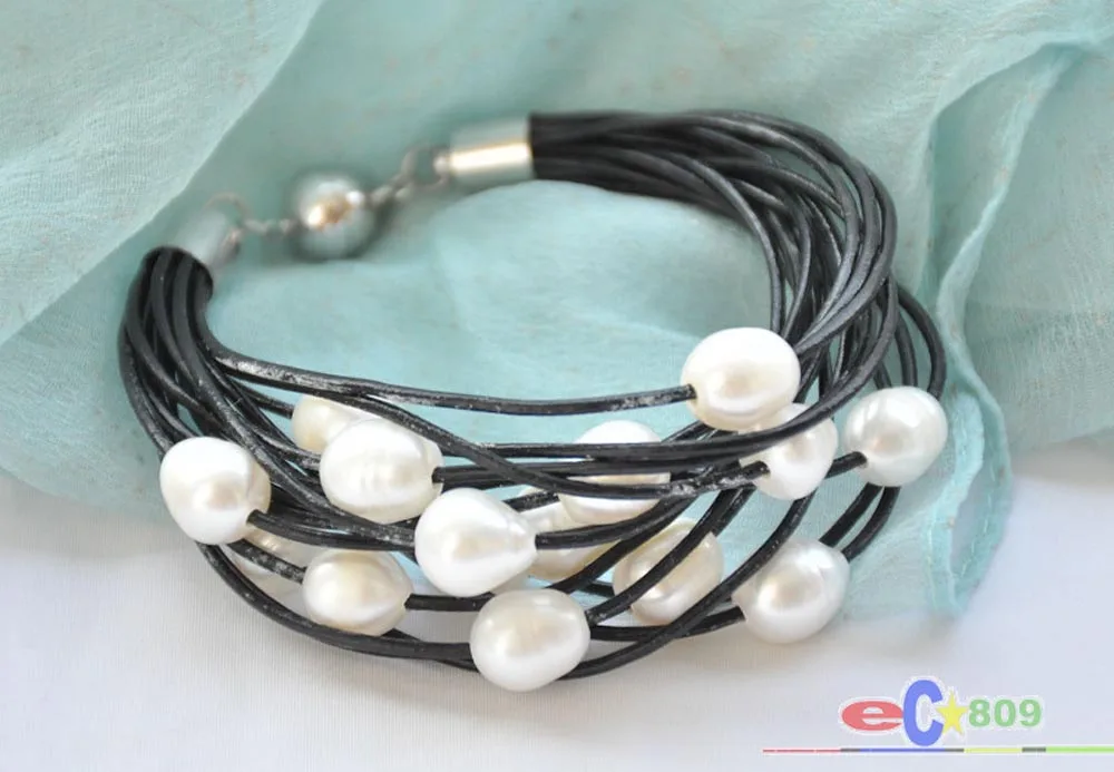 

P5237 15row 8" 13mm White Black Gray Rice Freshwater Pearl Black Leather Bracelet