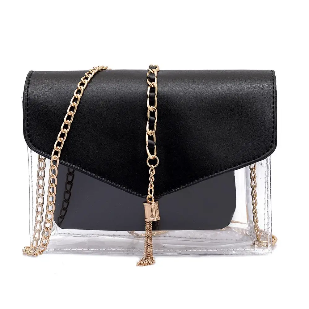 

Women Fashion Small Flap Messenger Crossbody Bags Clear Transparent PVC Tassel Chain Clutch Casual Shoulder Bags For Teen #25