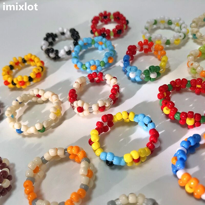 

2021 New Kpop Fashion Trendy Korean Handmade Multi-color Small Flowers Rice Beads Ring For Women Girl Aesthetic Jewelry Rings