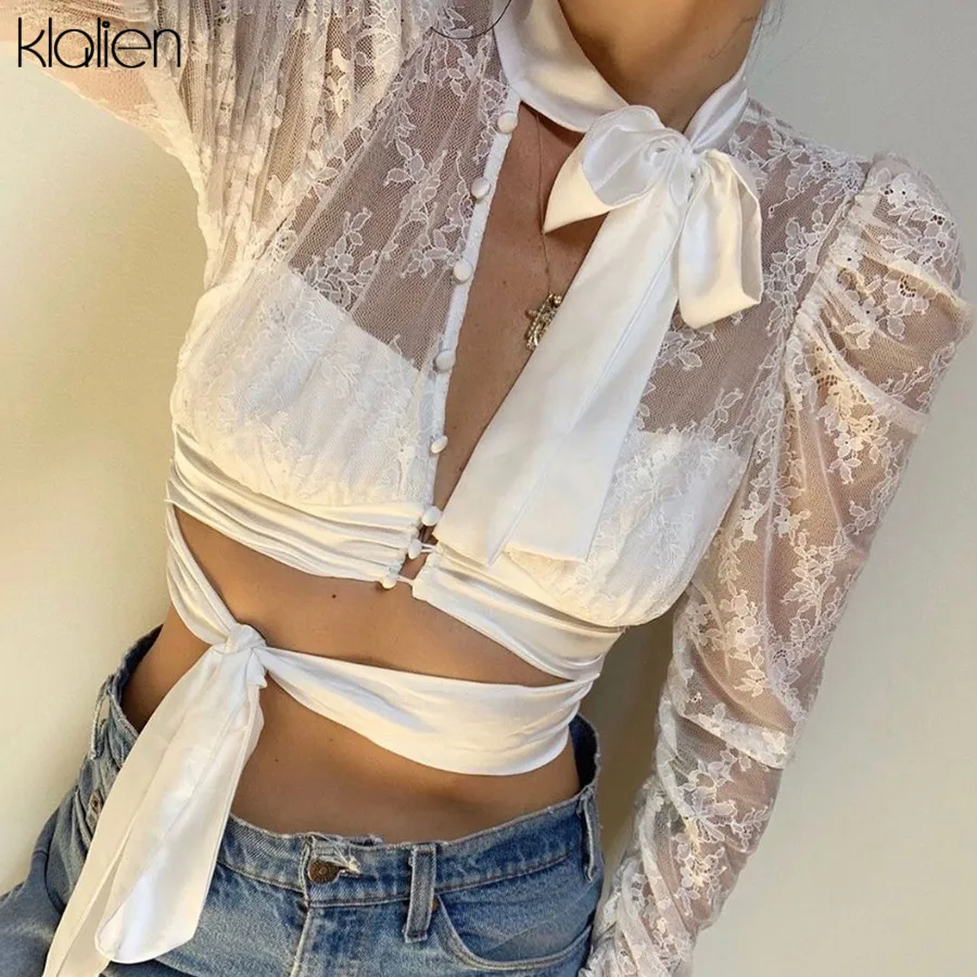 Klanien осень офисный женский белый элегантный кружевной топ женские открытые