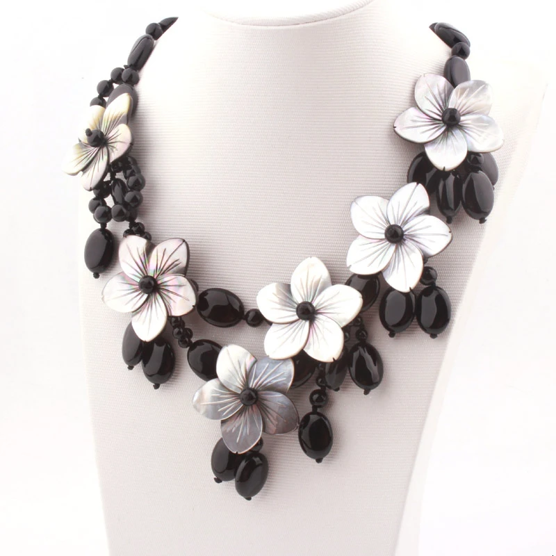 Женское длинное ожерелье из натуральных круглых черных агатов морских ракушек 45