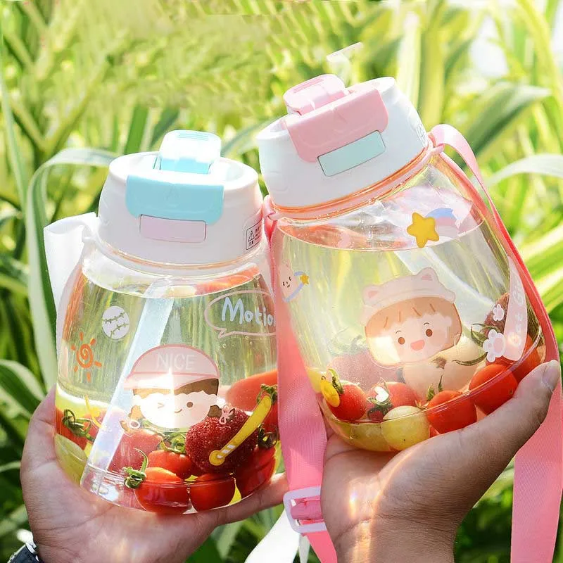 

1300ml Portable Cartoon Cute Water Straw Bottle Outdoor Transparent Juice Double Drinking Cup Suitable for Adult Children
