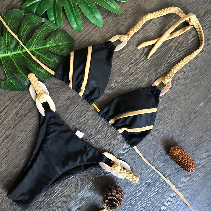 

Halter swimsuit female High cut bathing suit Triangle bikini set 2022 Fashion bathers Patchwork swimwear women Micro biquini new